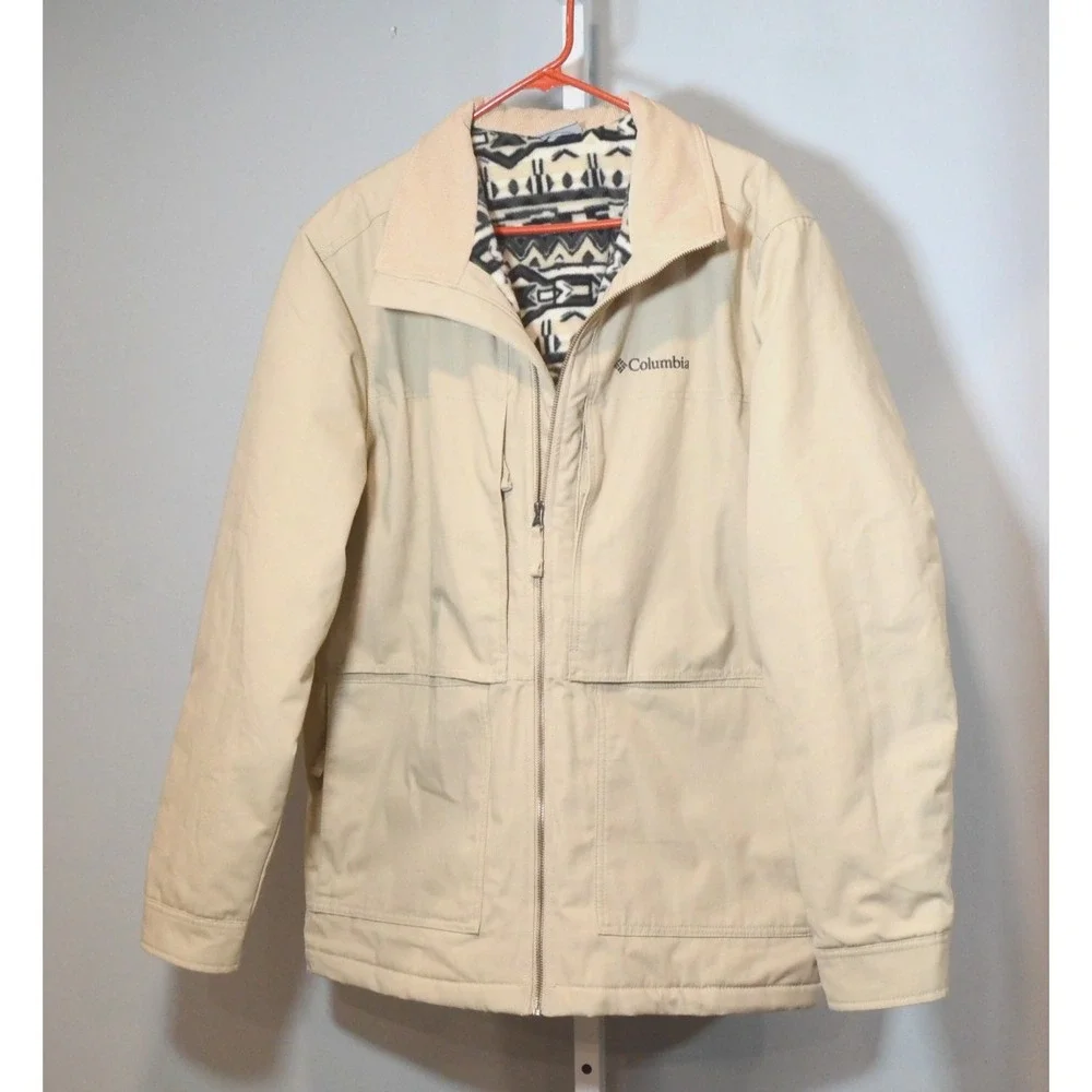 Columbia Men's Size L Khaki Jacket Aztec-Inspired Lining Corduroy Collar, Zip